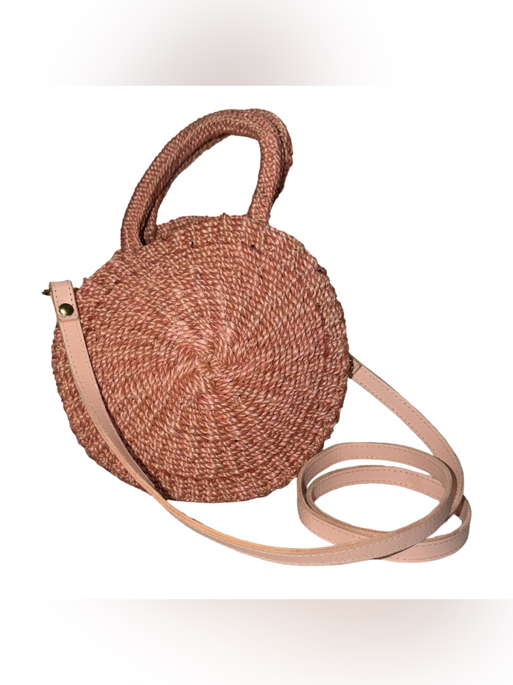 Clare V • Petite Alice Raffia Straw Circle Handle Crossbody Bag Blush Pink